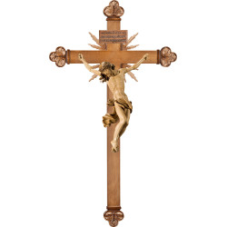 Cristo Barroco en cruz barroca con rayos y Titulus Crucis en hebreo - latín - griego